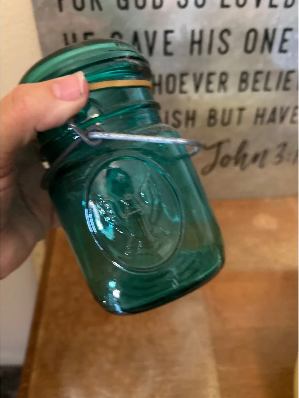 Vintage Ball Ideal Aqua Glass Canning Jar with Wire Bail Lid